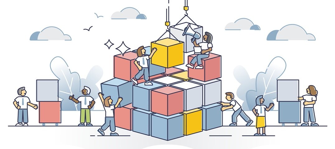 Illustration: Mehrere Menschen bauen gemeinsam einen Turm aus bunten Würfeln