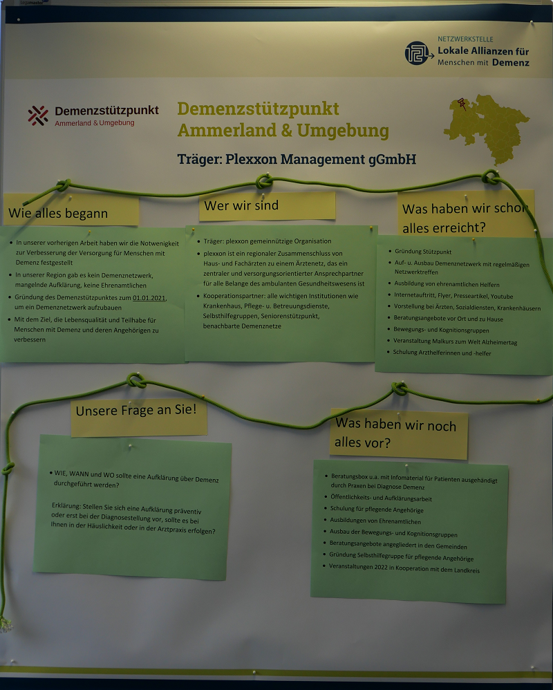 Stellwand des Demenzstützpunkts Ammerland & Umgebung | © BAGSO Foto der Stellwand: Beantwortet werden die Fragen "Wie alles begann", "Wer wir sind", "Was haben wir schon alles erreicht", "Unsere Frage an Sie" und "Was haben wir noch alles vor".