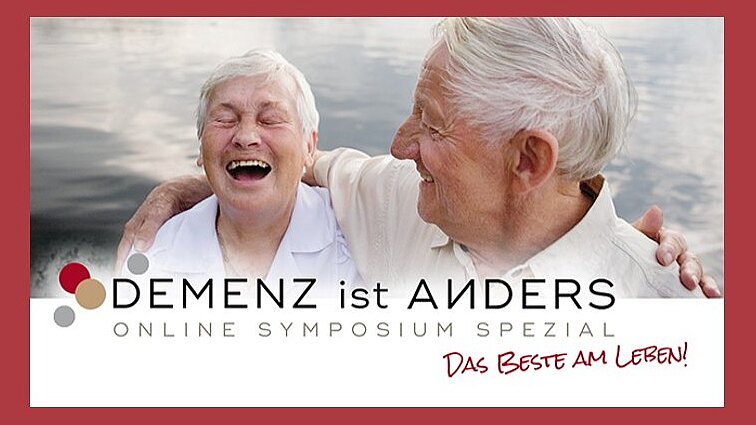 © Demenz ist anders Ein älterer Mann legt seinen Arm um eine ältere Frau. Auf dem Foto steht der Slogan "Demenz ist anders"
