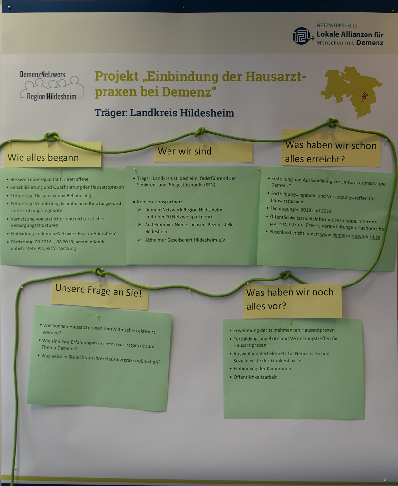 Stellwand des Projekts "Einbindung der Hausarztpraxen bei Demenz" | © BAGSO Foto der Stellwand: Beantwortet werden die Fragen "Wie alles begann", "Wer wir sind", "Was haben wir schon alles erreicht", "Unsere Frage an Sie" und "Was haben wir noch alles vor".