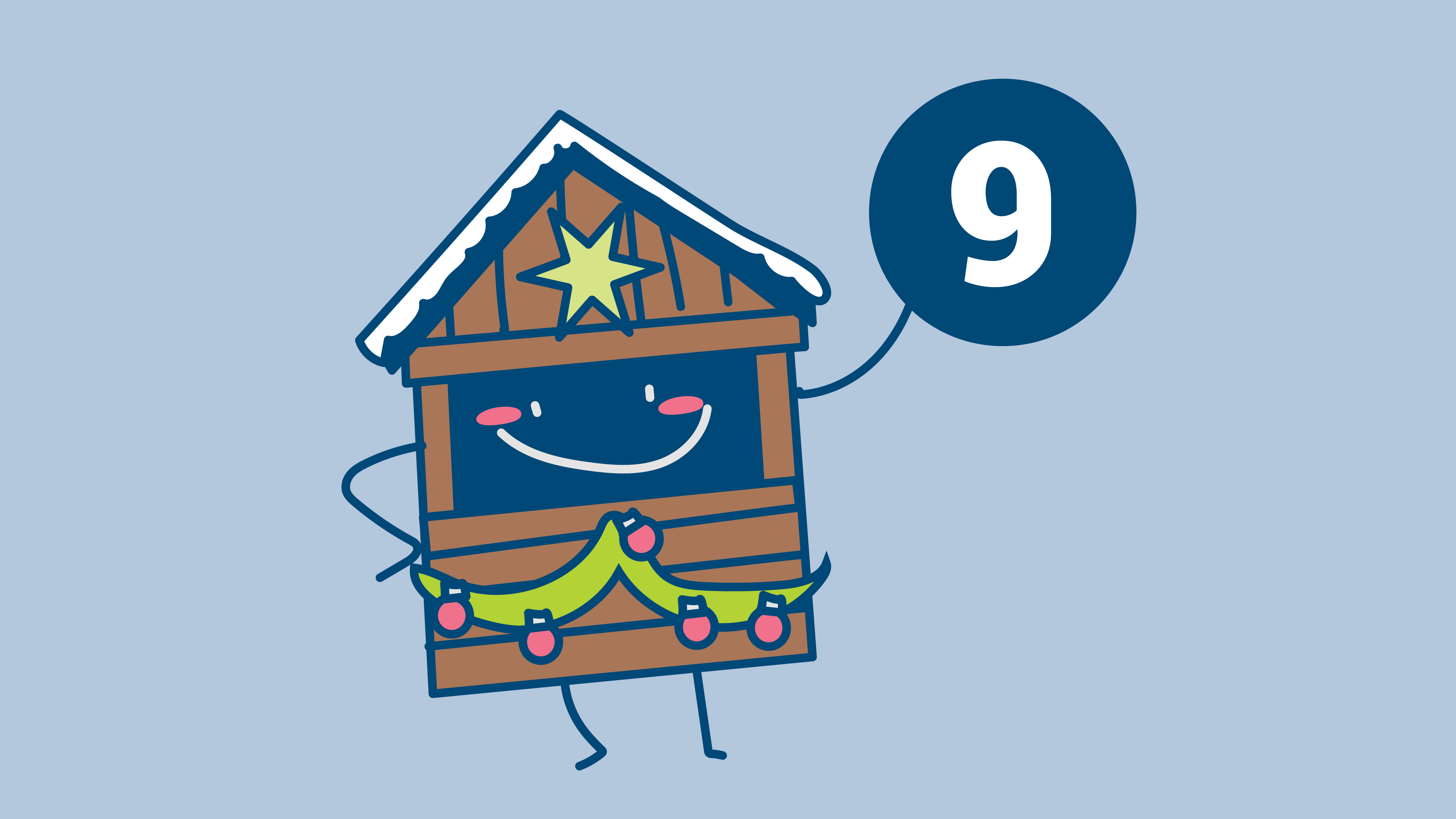 © designdoppel Illustration: Braune Weihnachtsmarktbude, die in der rechten Hand die Zahl 9 hält.