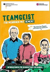 Ansicht Vorderseite Flyer: Illustration von drei Personen vor orangenem Hintergrund