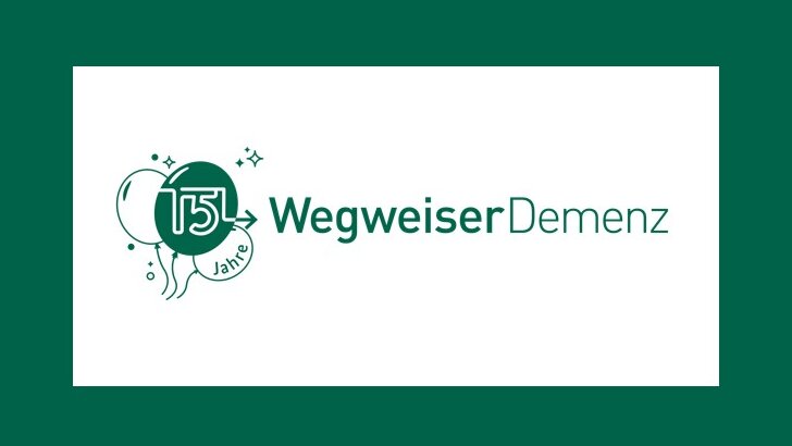 Logo: Grünes Jubiläumslogo mit Luftballons vom Wegweiser Demenz 
