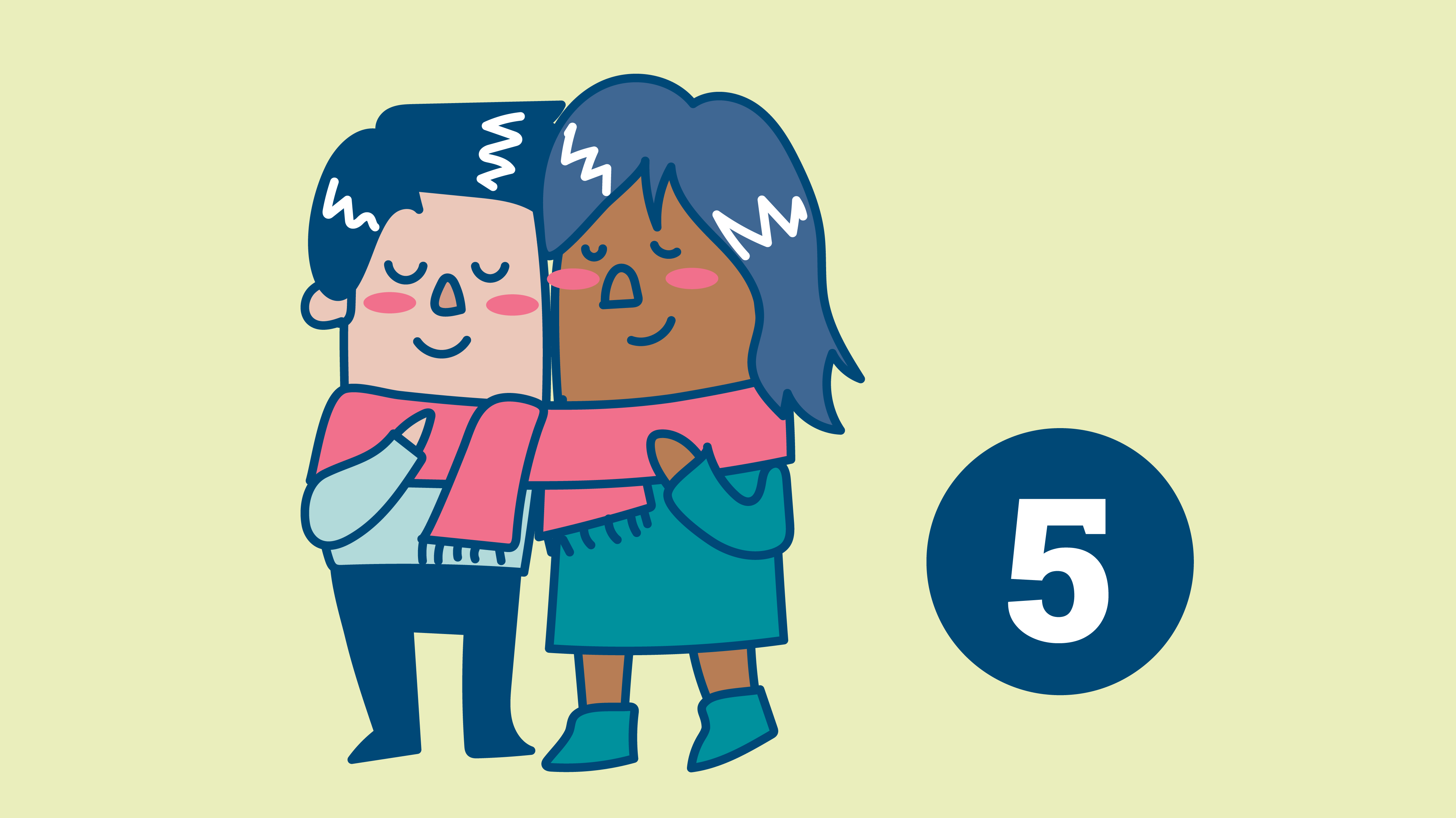 Illustration: Zwei Menschen, die durch einen roten Schal miteinander verbunden sind. Rechts davon die Zahl 5 