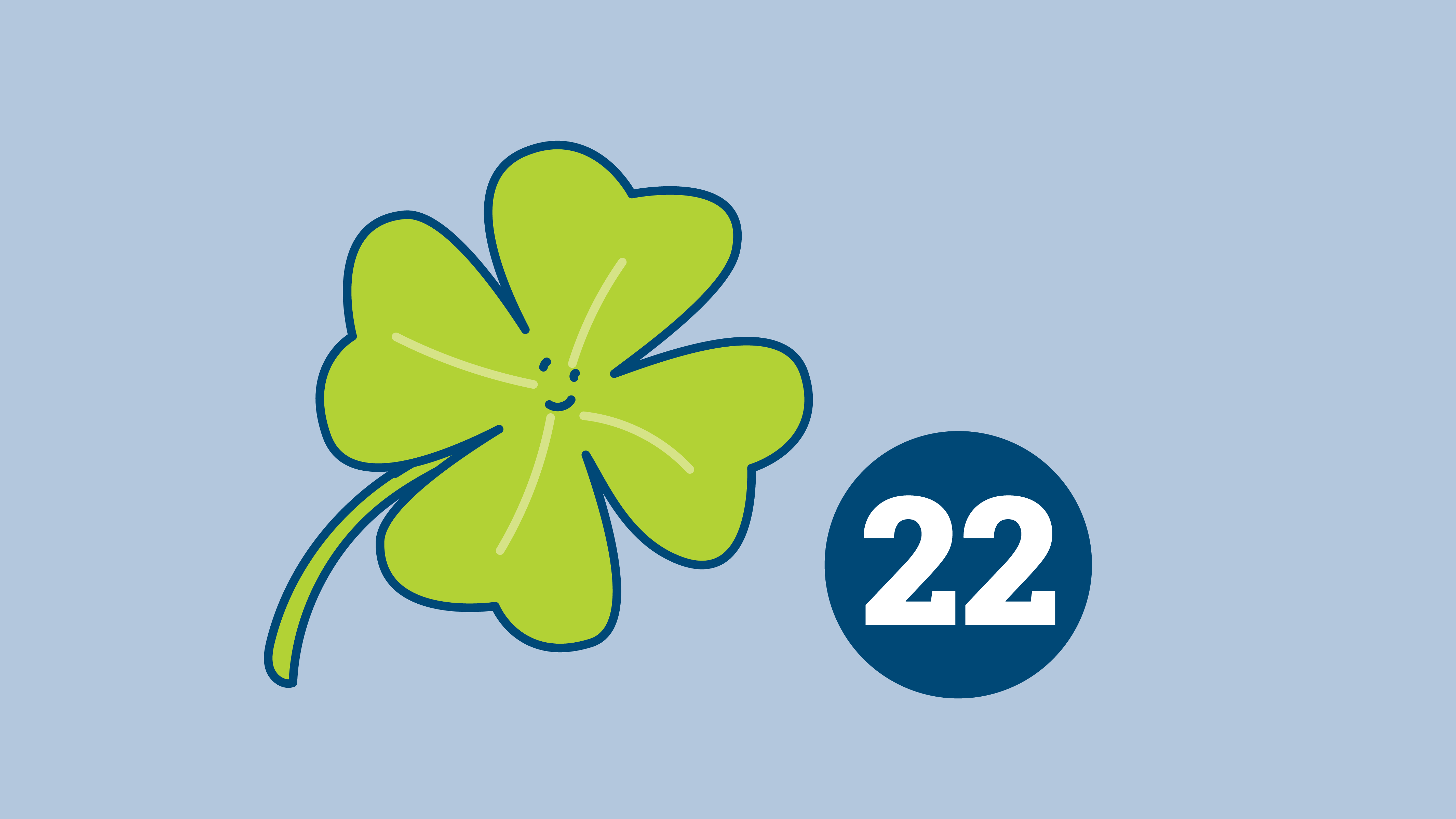 Illustration: Ein grünes Kleeblatt vor hellblauem Hintergrund. Rechts davon die Zahl 22