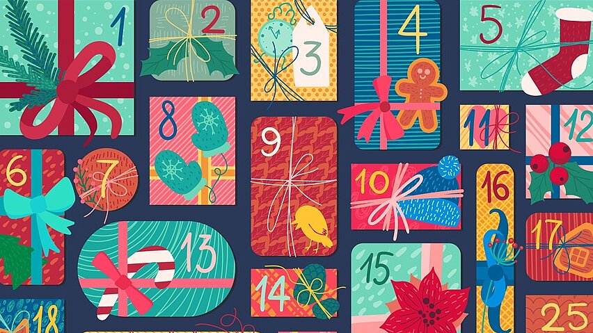 © Adobestock | barsrind Gezeichneter Adventskalender mit bunten Päckchen