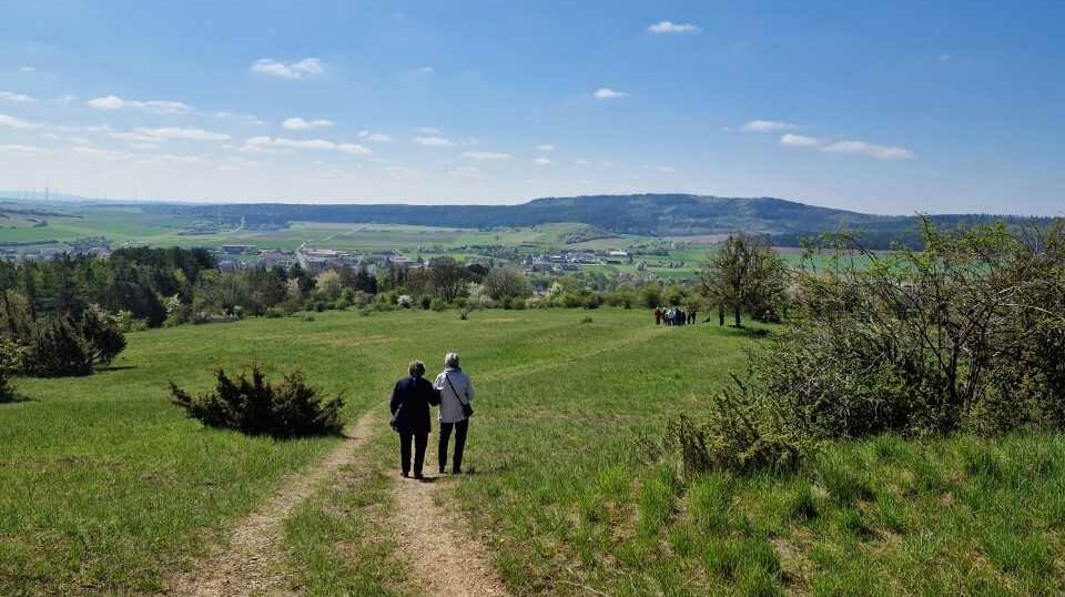 Zwei Seniorinnen Arm in Arm auf einen Feldweg 