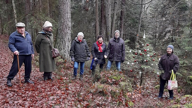 Eine Seniorengruppe steht in einem mit Laub bedeckten Wald neben einem mit rot-weißen Weihnachtskugeln geschmückten Tannenbaum