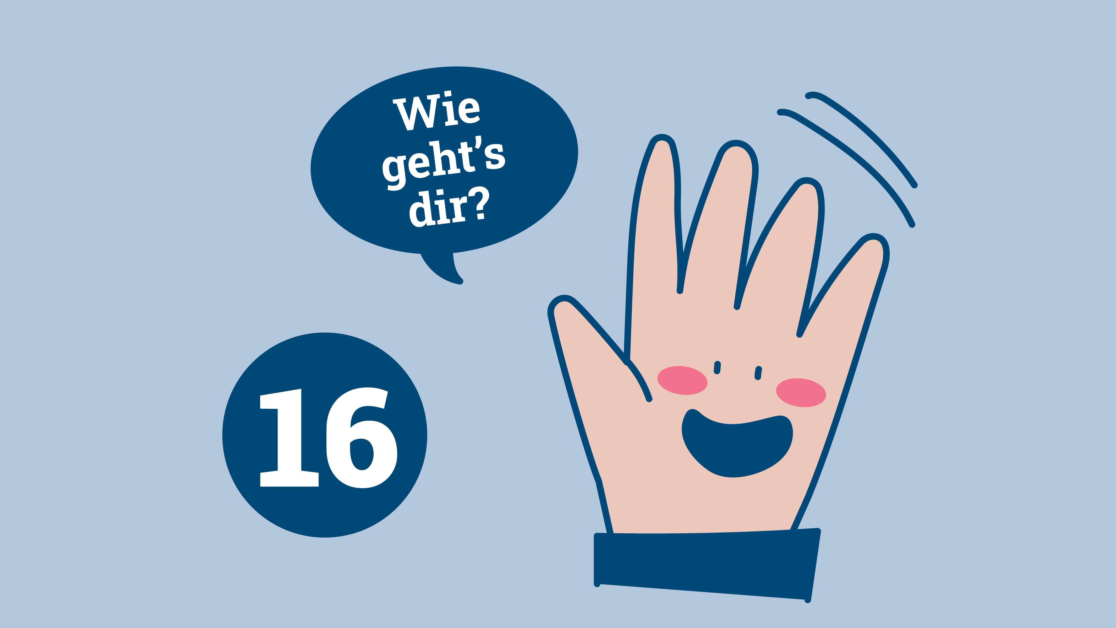 Illustration: Winkende Hand mit Sprechblase "Wie geht's Dir?" Links davon die Zahl 16