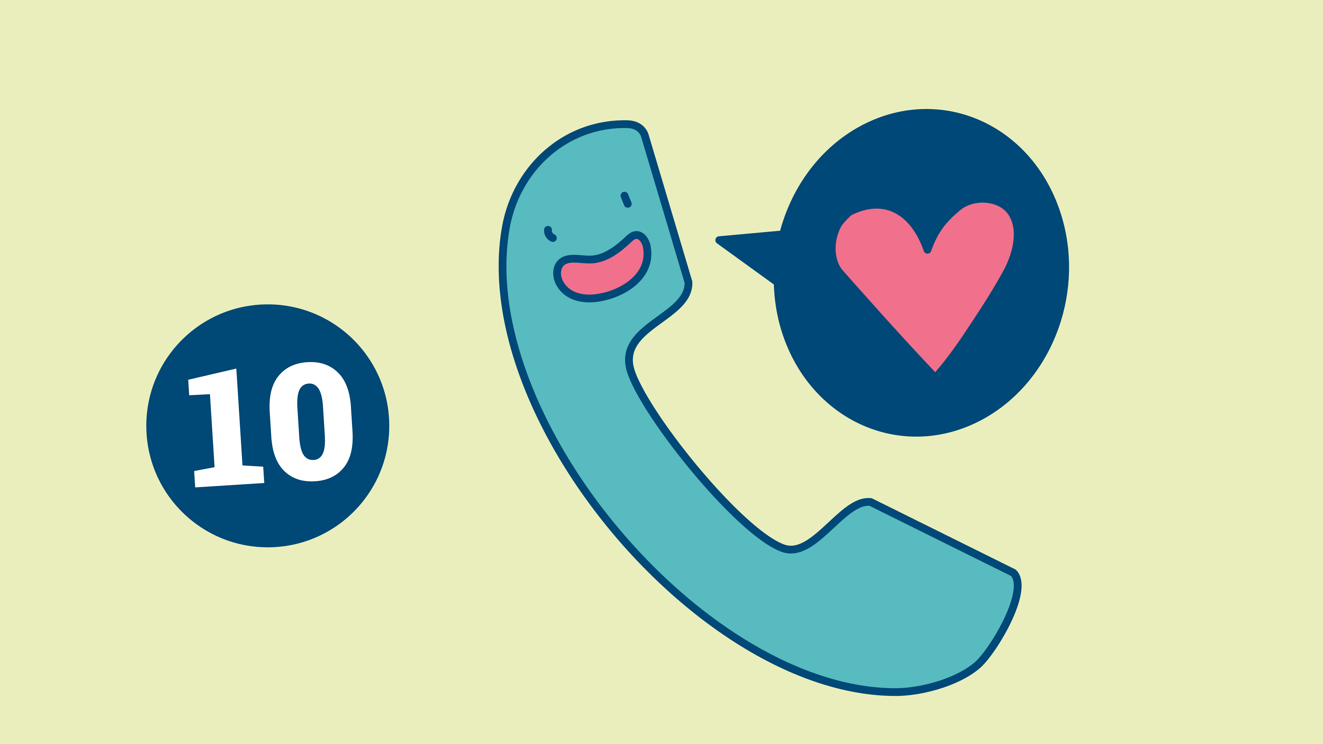 © designdoppel Illustration: Türkiser Telefonhörer, aus dem eine Sprechblase mit einem roten Herz kommt. Links davon die Zahl 10