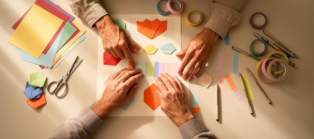 © KI-generiert mithilfe von Flux 2 | MoritzSauer Zwei Personen, die mit Bastelmaterialien Formen gestalten