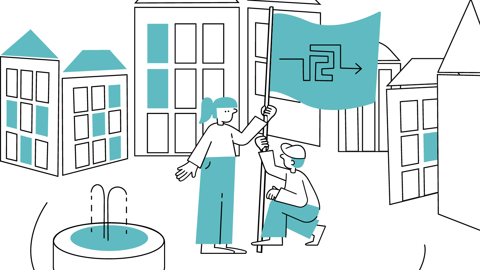 Illustration eines Marktplatzes: In der Mitte stehen zwei Personen, die eine Fahne mit dem Logo der Lokalen Allianzen aufstellen
