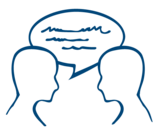Piktogramm: Zwei Personen, die sich gegenüberstehen und unterhalten. Zwischen den zwei Personen ist eine Sprechblase abgebildet