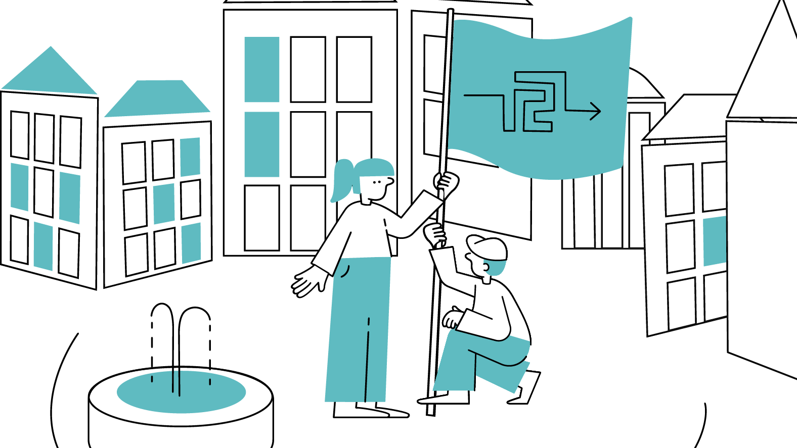 Illustration eines Marktplatzes: In der Mitte stehen zwei Personen, die eine Fahne mit dem Logo der Lokalen Allianzen aufstellen