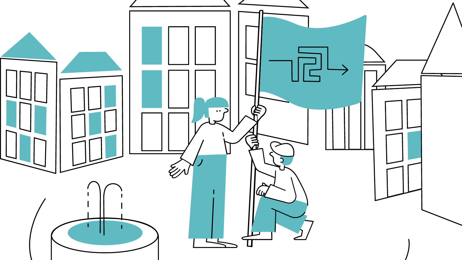 Illustration eines Marktplatzes: In der Mitte stehen zwei Personen, die eine Fahne mit dem Logo der Lokalen Allianzen aufstellen