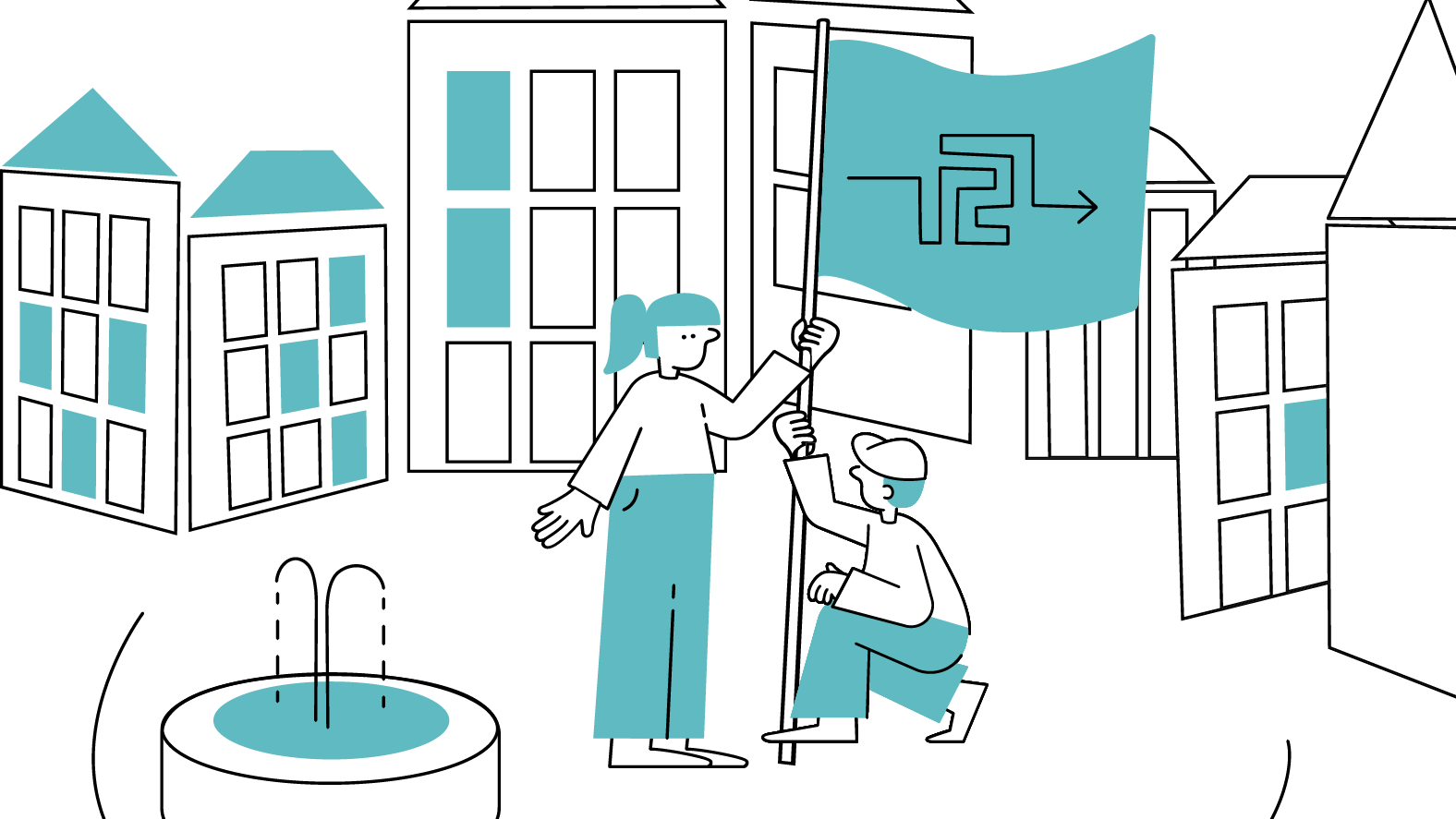 Illustration eines Marktplatzes: In der Mitte stehen zwei Personen, die eine Fahne mit dem Logo der Lokalen Allianzen aufstellen