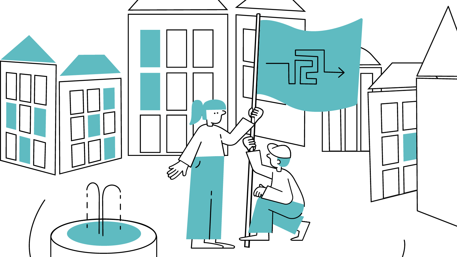 Illustration eines Marktplatzes: In der Mitte stehen zwei Personen, die eine Fahne mit dem Logo der Lokalen Allianzen aufstellen