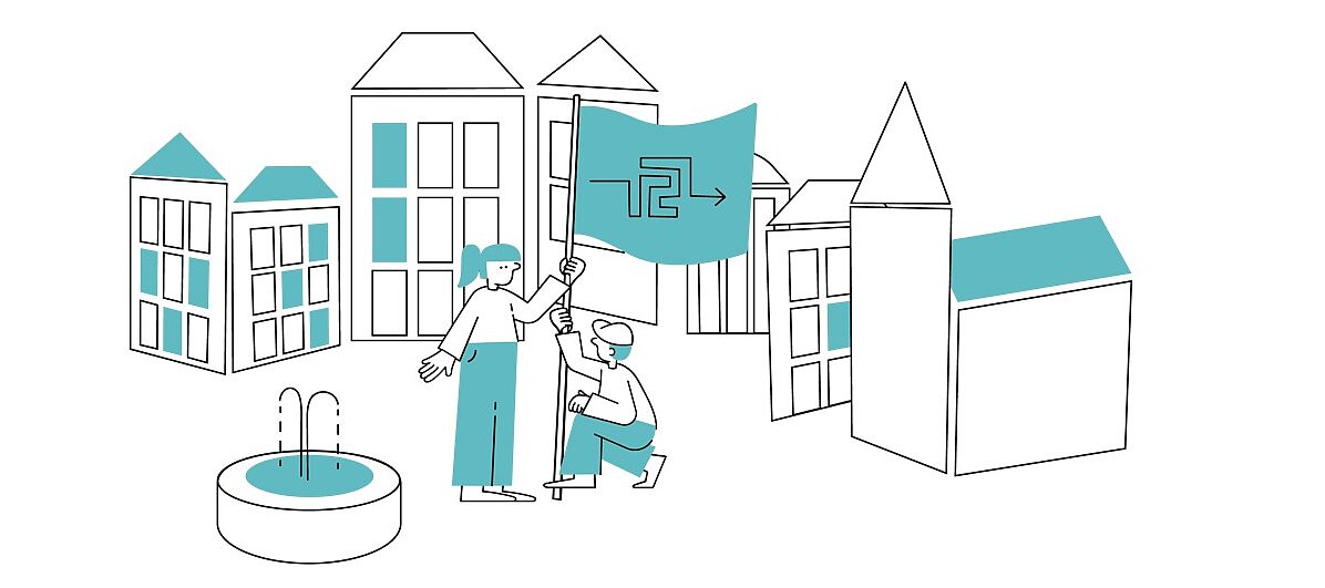 Illustration eines Marktplatzes: In der Mitte des Platzes sind zwei Menschen, die eine Fahne hissen