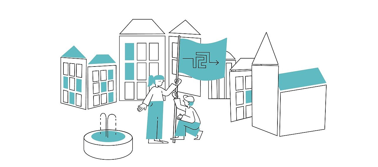 Illustration eines Marktplatzes: In der Mitte des Platzes sind zwei Menschen, die eine Fahne hissen