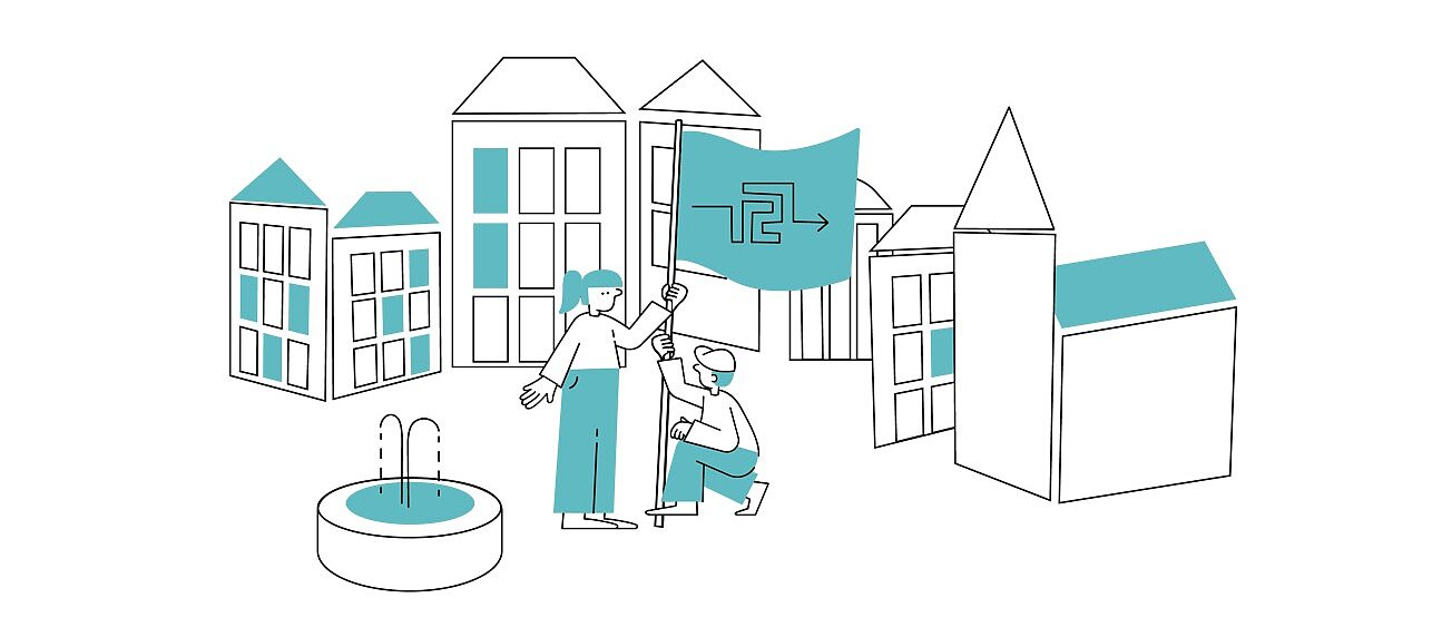 Illustration eines Marktplatzes: In der Mitte des Platzes sind zwei Menschen, die eine Fahne hissen