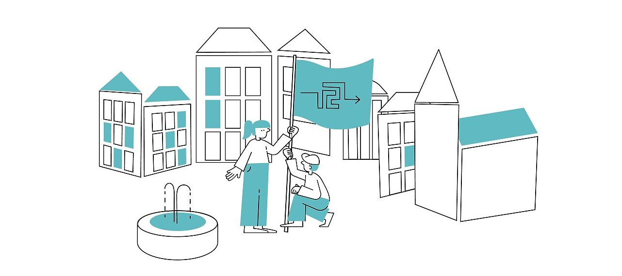 Illustration eines Marktplatzes: In der Mitte des Platzes sind zwei Menschen, die eine Fahne hissen