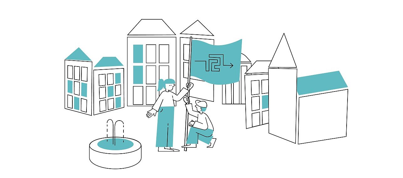 Illustration eines Marktplatzes: In der Mitte des Platzes sind zwei Menschen, die eine Fahne hissen