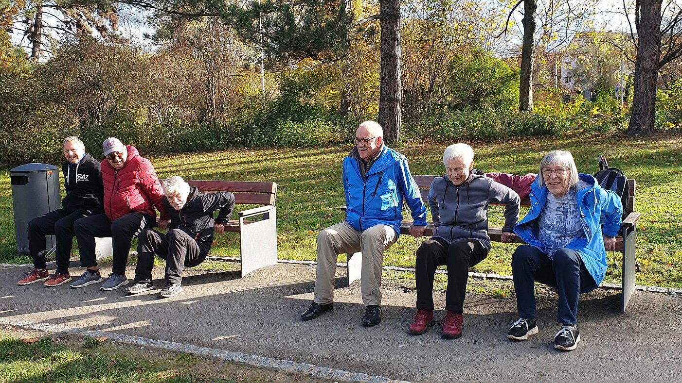 Foto: 6 Senior:innen machen Dips-Übung auf zwei Bänken in Park