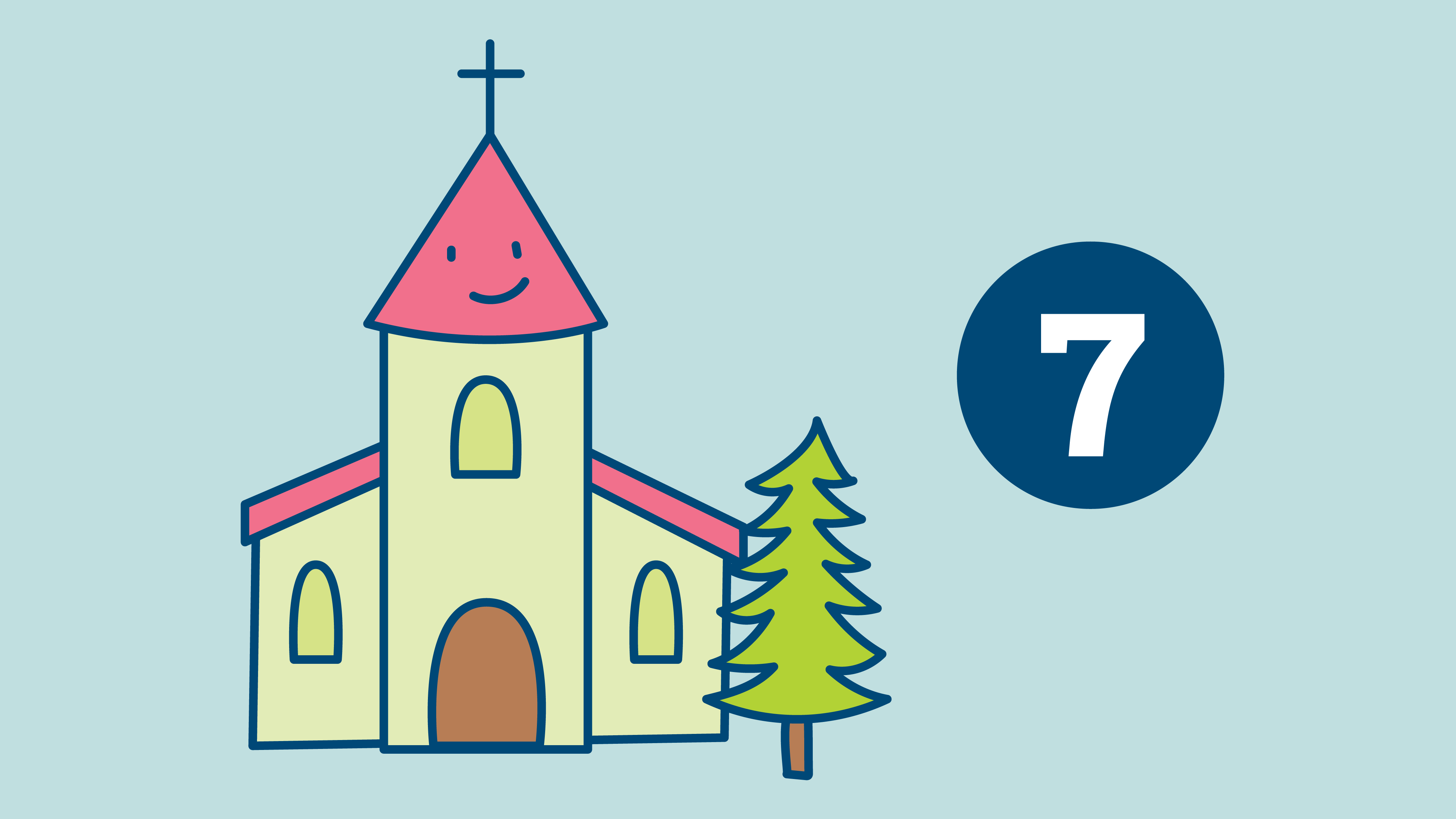 Illustration: Gelb-rote Kirche. Davor steht ein Tannenbaum. Rechts davon die Zahl 7
