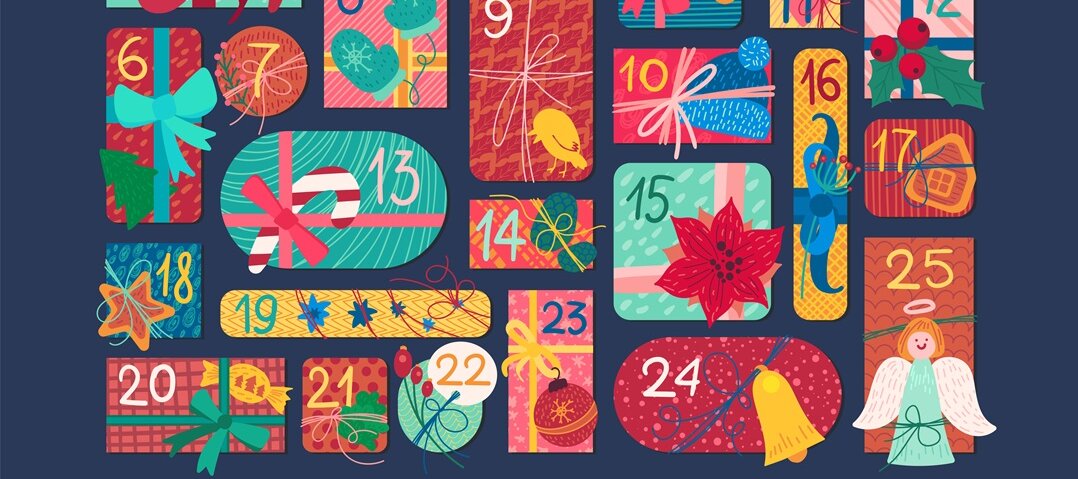 Gezeichneter Adventskalender mit bunten Päckchen