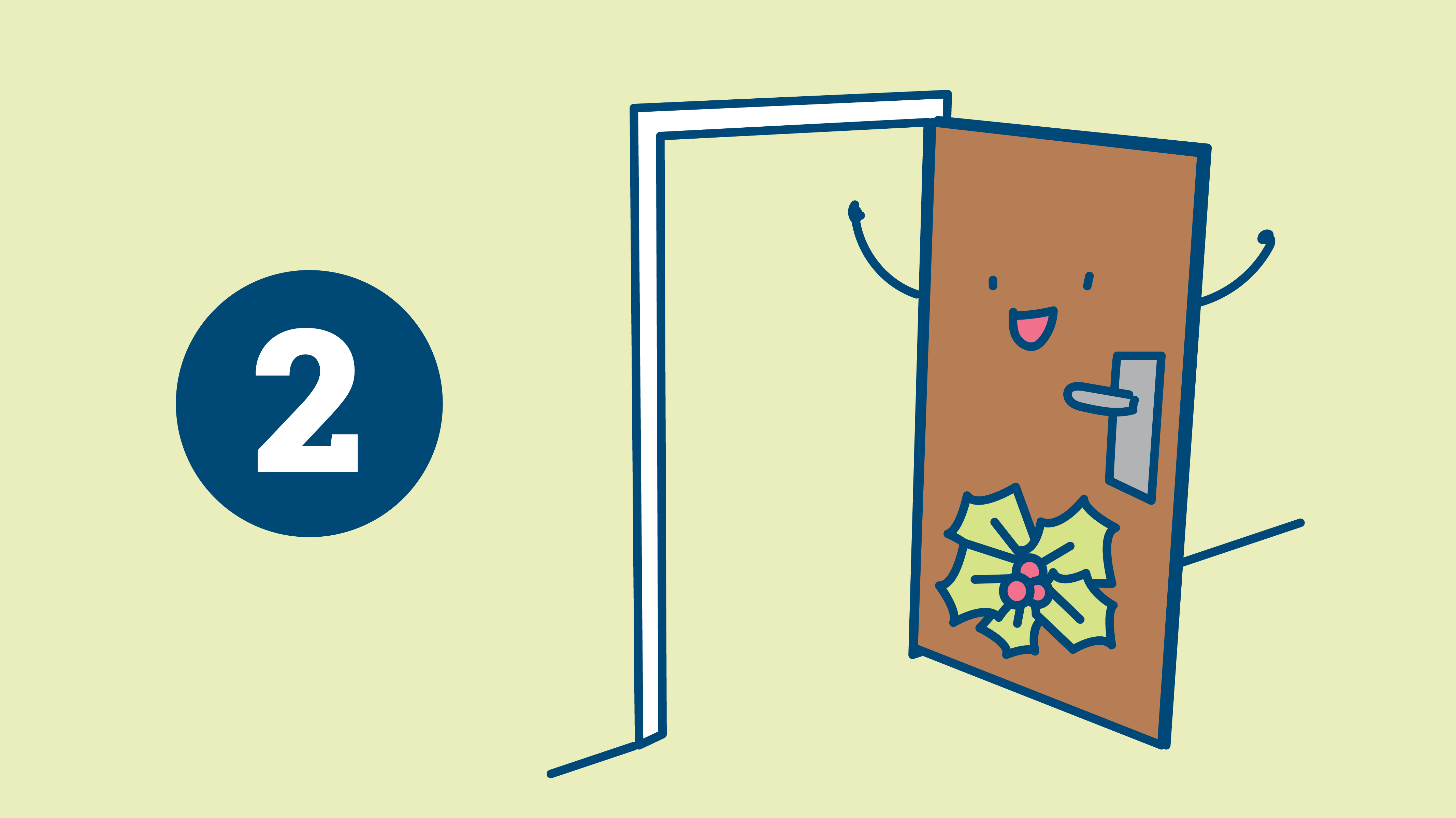 Illustration: Eine geöffnete braune Tür vor hellgrünem Hintergrund. Links davon die Zahl 2
