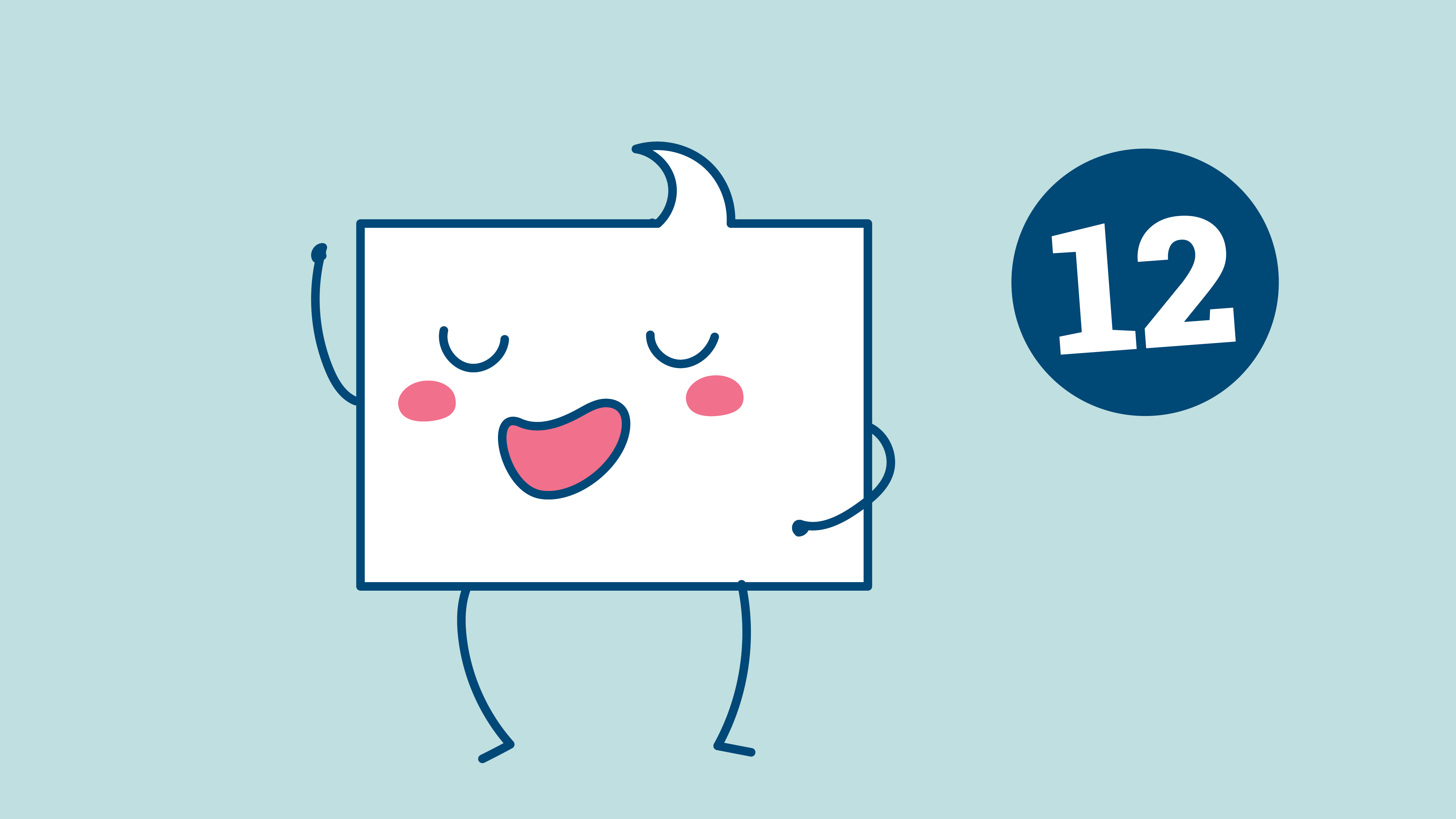 © designdoppel Illustration: Eine Sprechblase mit Gesicht, Armen und Beinen. Rechts davon die Zahl 12
