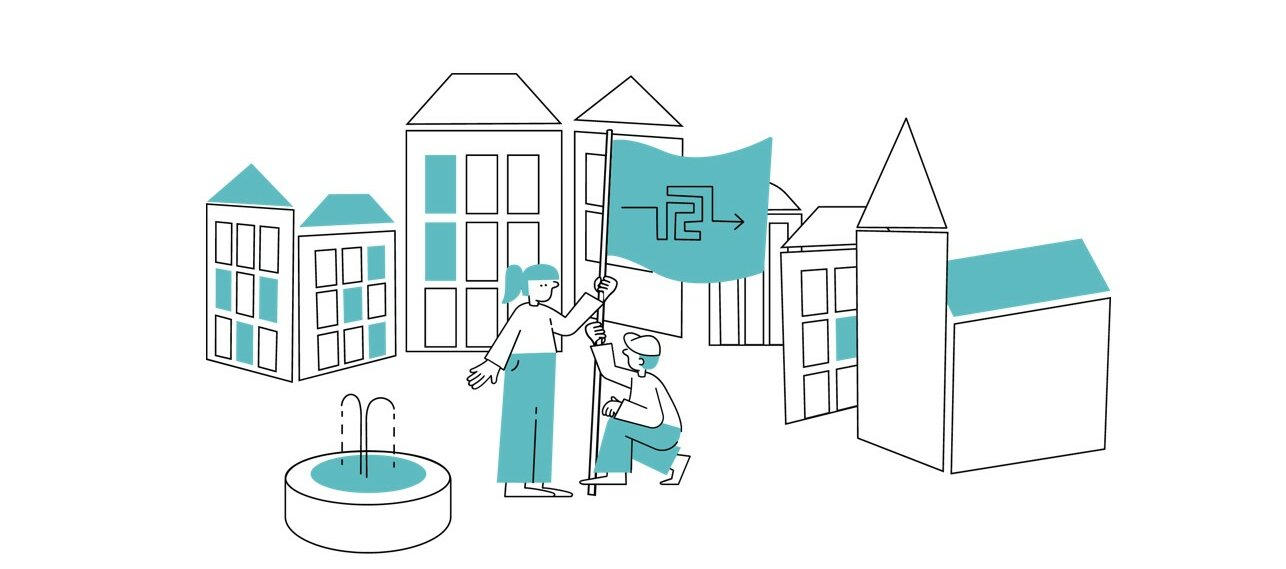 Illustration eines Marktplatzes: In der Mitte des Platzes sind zwei Menschen, die eine Fahne hissen