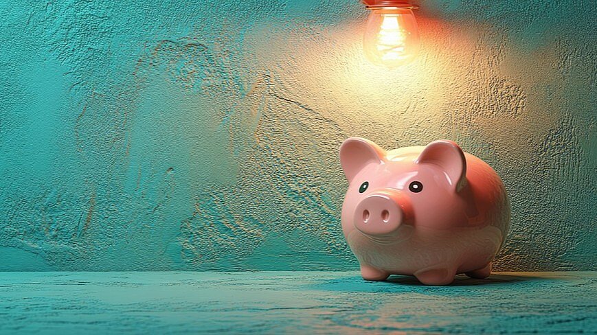 Rosa Sparschwein, das von einer Glühlampe angeleuchtet wird