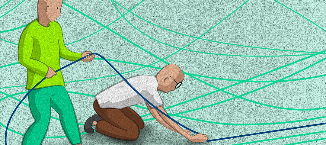 Das Bild zeigt zwei gezeichnete Männchen, die einen Faden auf den Boden legen