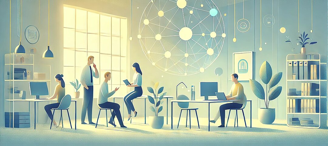 Das mit KI erstellte Bild zeigt verschiedene Personen in einem großen Büro. Im Raum schwebt ein Ball, der aus vielen kleinen miteinander verbundenen Bällen besteht