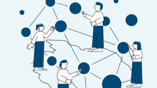 Grafik: Menschen, die durch blaue Bälle und Linien miteinander vernetzt sind. 