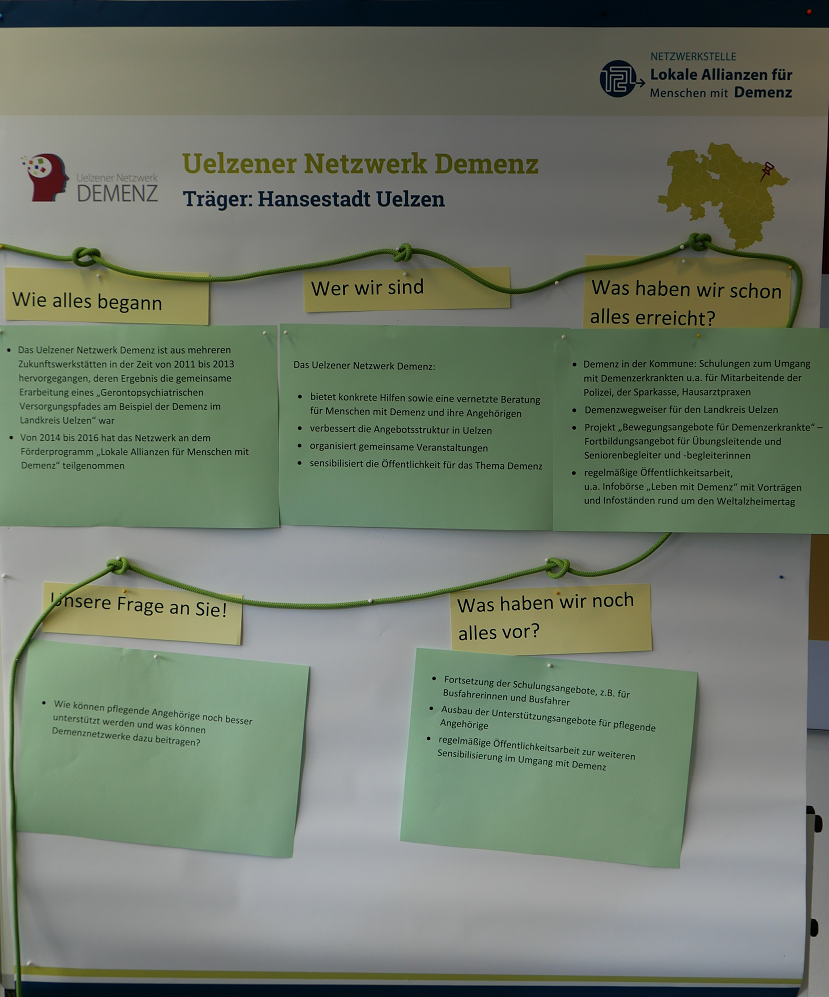 Stellwand des Uelzener Netzwerk Demenz | © BAGSO Foto der Stellwand: Beantwortet werden die Fragen "Wie alles begann", "Wer wir sind", "Was haben wir schon alles erreicht", "Unsere Frage an Sie" und "Was haben wir noch alles vor".