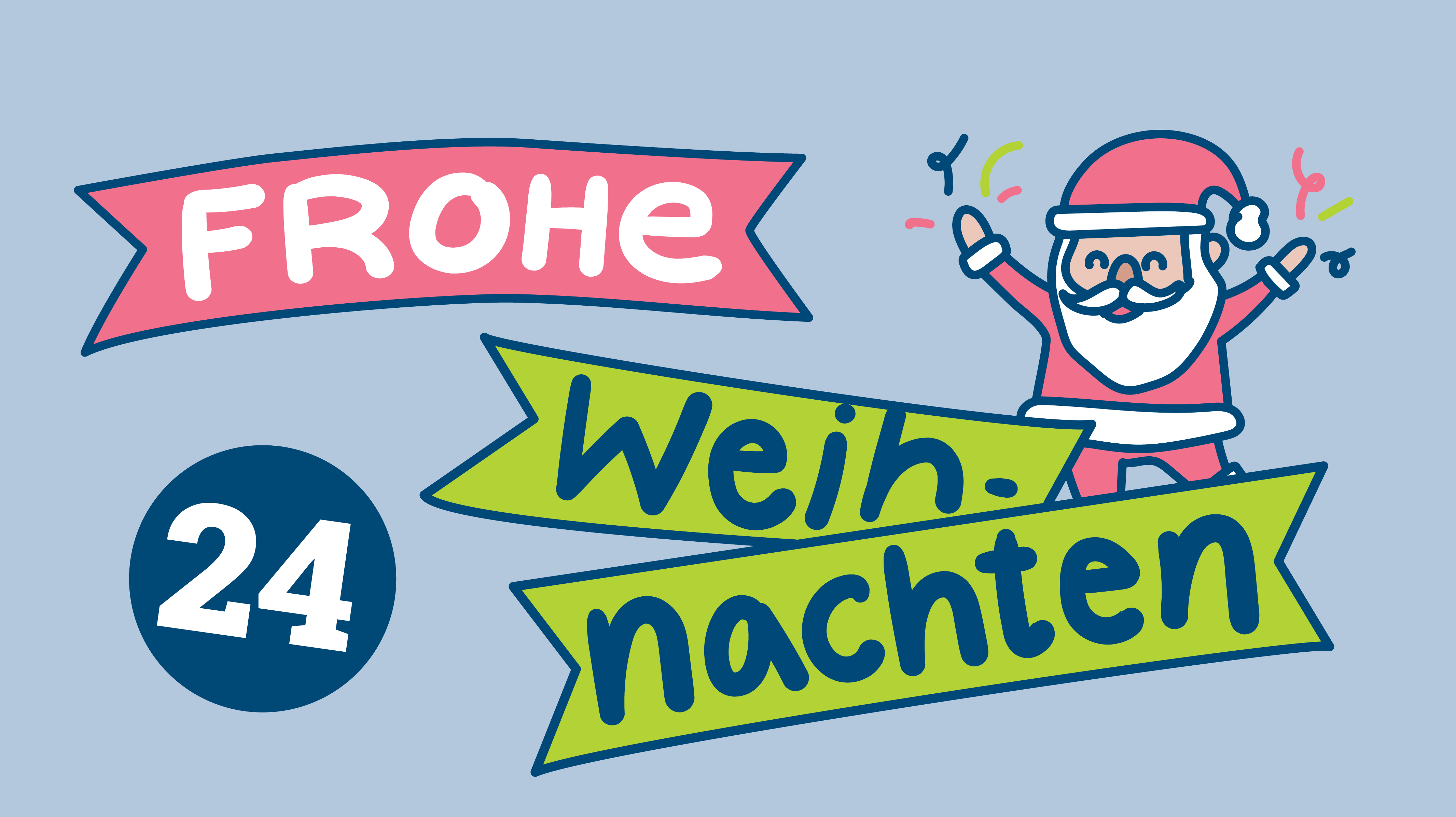 Illustration: Kleiner Weihnachtsmann, der auf einem Banner "Frohe Weihnachten" sitzt. Links davon die Zahl 24