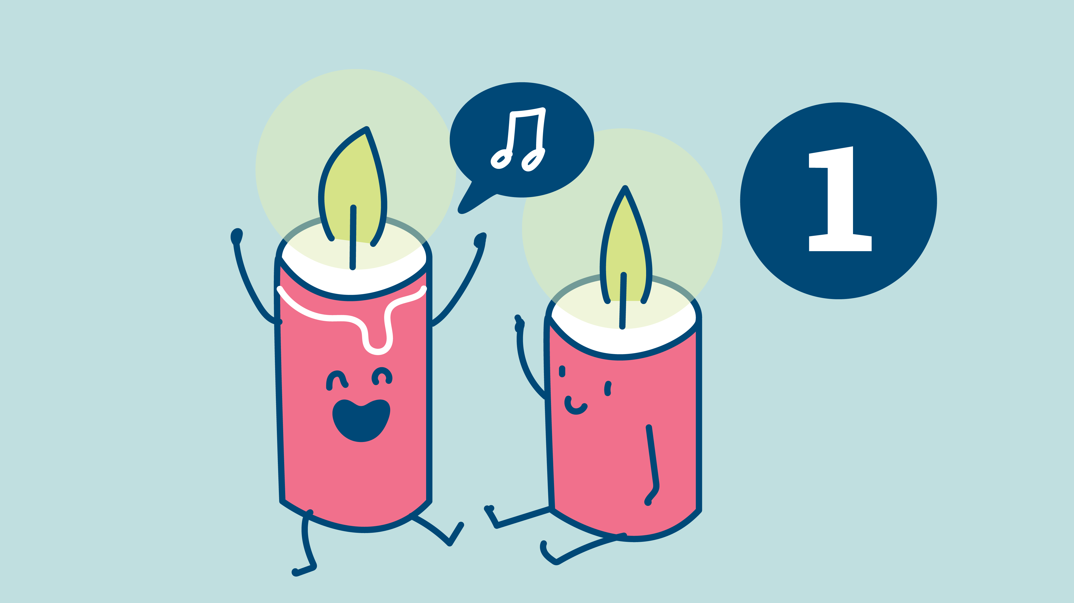 © designdoppel Illustration: Zwei rote Kerzen, eine Kerze singt. Rechts daneben die Zahl 1