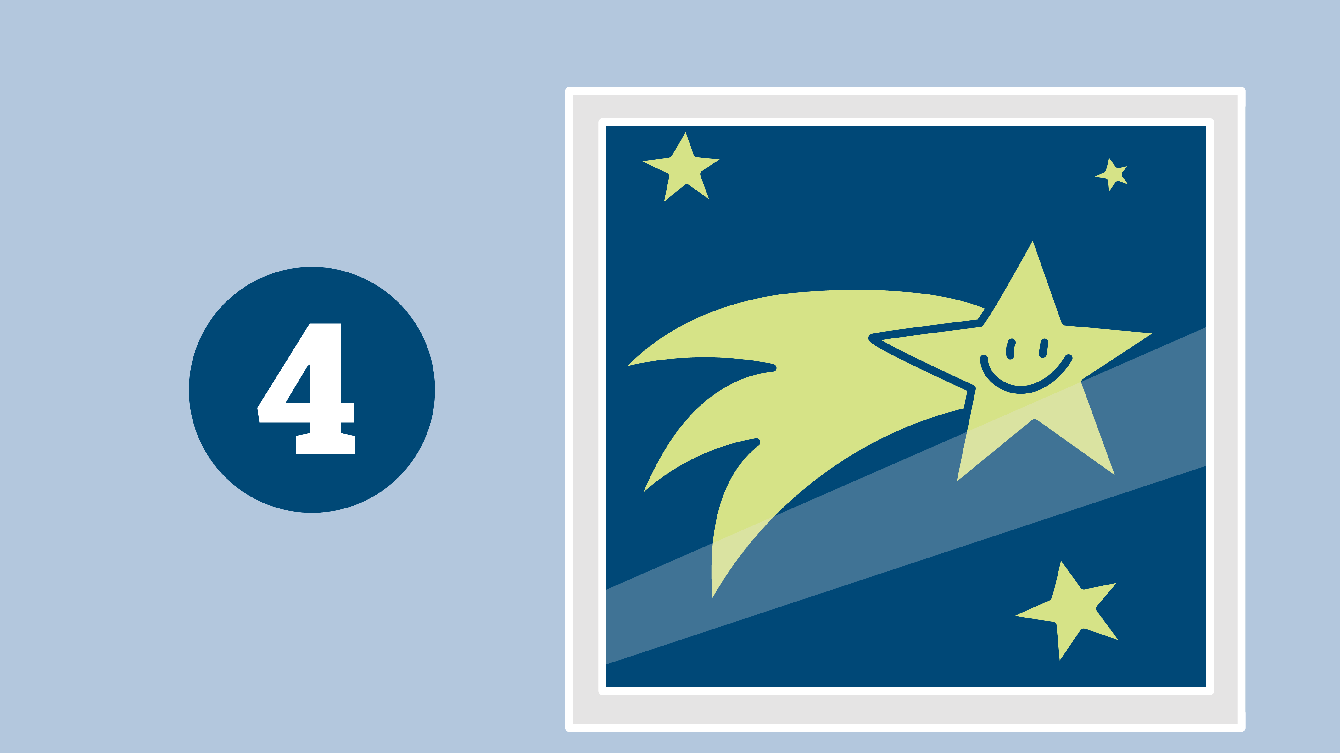 Illustration: Sternschnuppe in einem quadratischen Rahmen. Links davon die Zahl 4