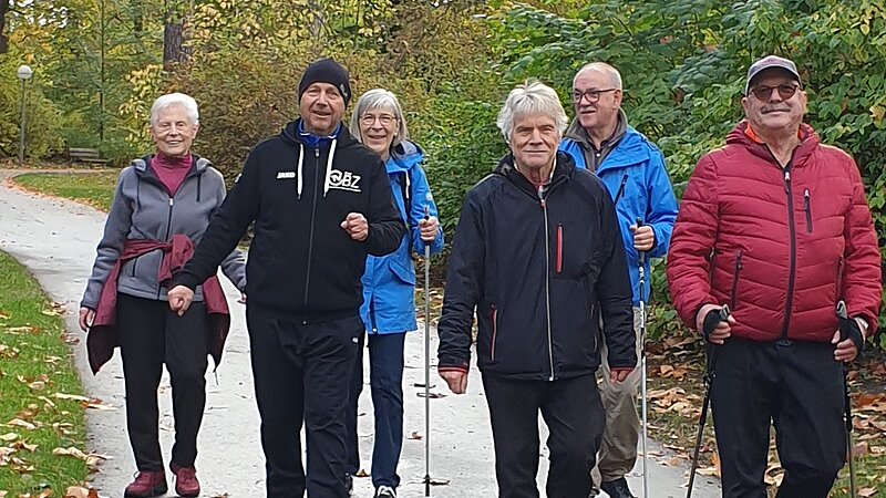 Foto: 6 Senior:innen gehen mit Walking-Stöcken auf einem Weg durch einen Park