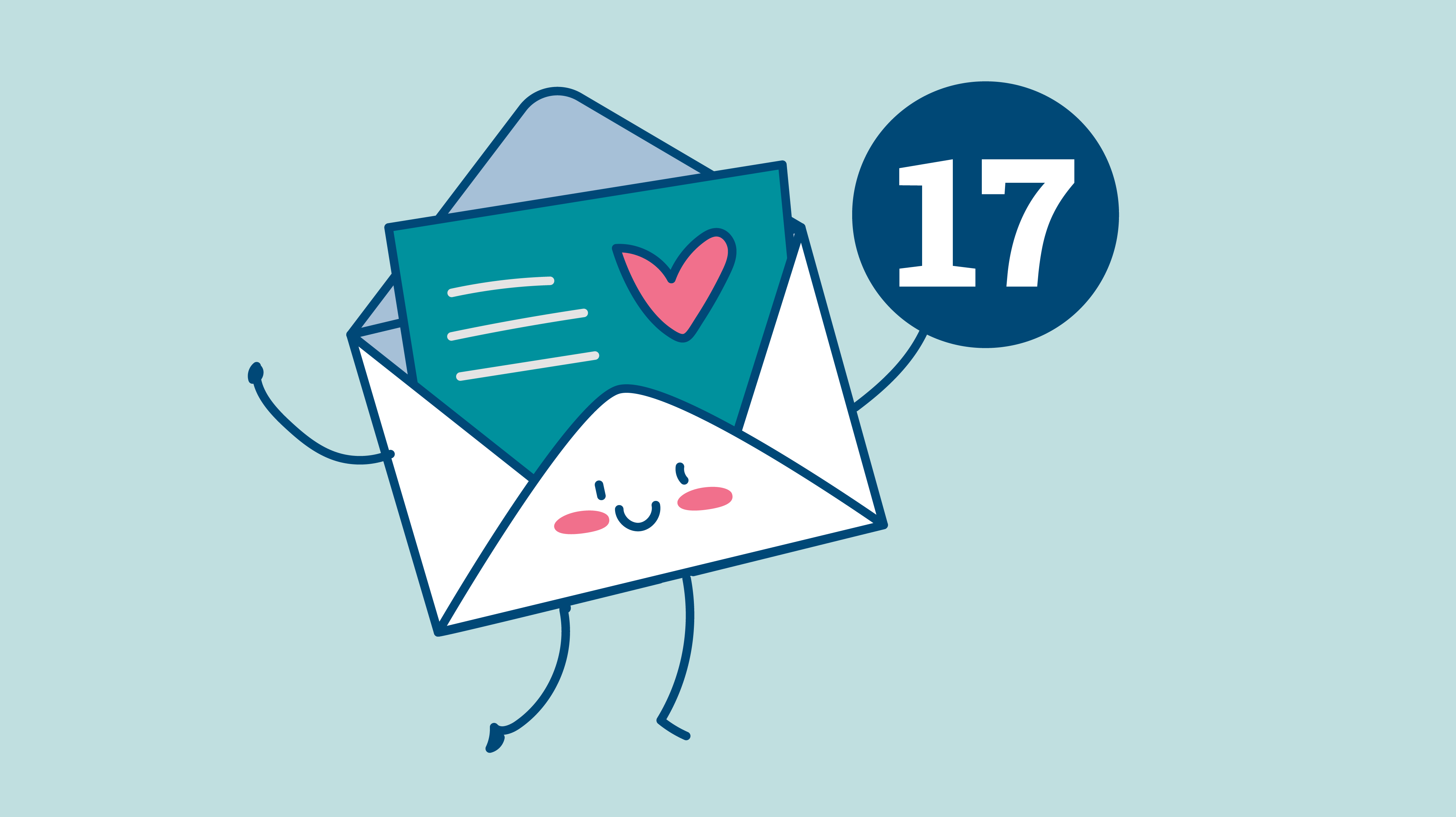 Illustration: Geöffneter Briefumschlag mit Armen und Beinen. In der rechten Hand hält er die Zahl 17