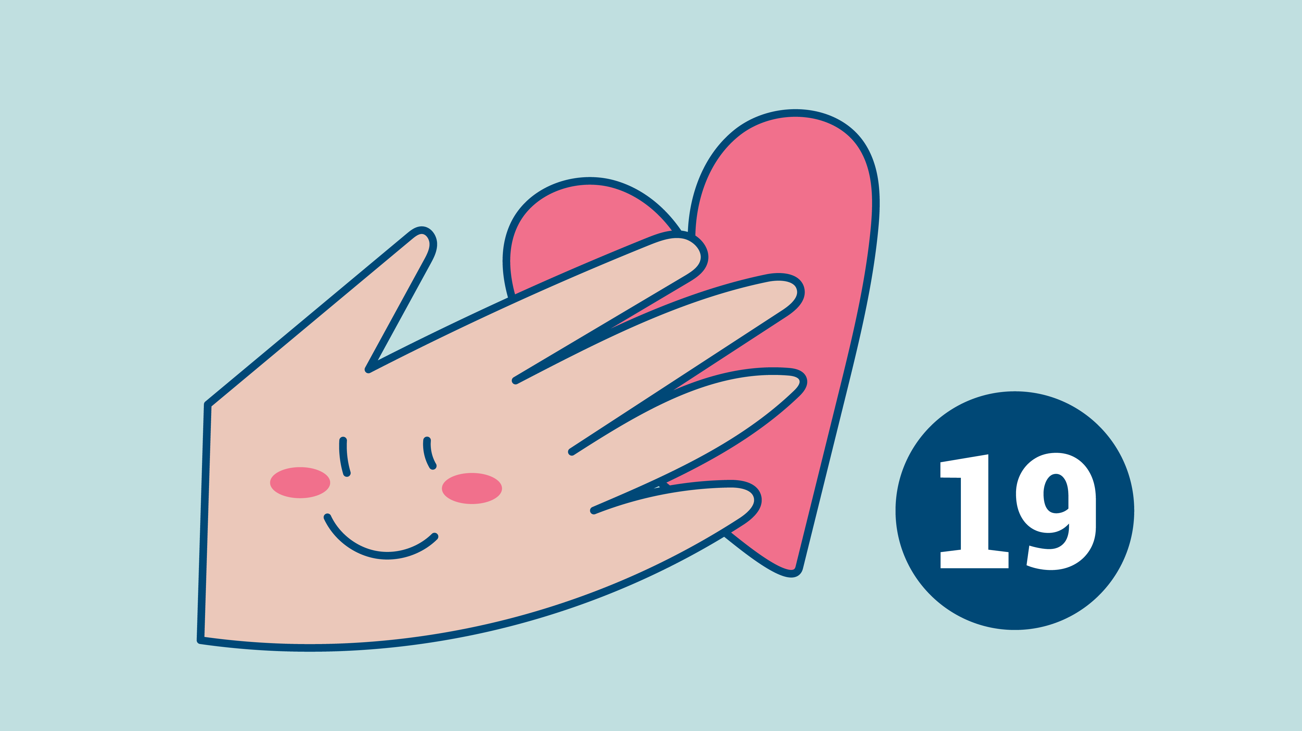 Illustration: Hand, die ein Herz überreicht. Rechts davon die Zahl 19