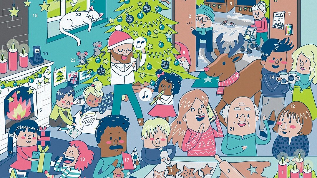 Illustration: Blick in ein weihnachtlich geschmücktes Zimmer. Im Zimmer befinden sich viele Menschen unterschiedlichen Alters. Es werden in fröhlicher Stimmung Kekse gebacken, es wird gesungen und Glühwein getrunken. 