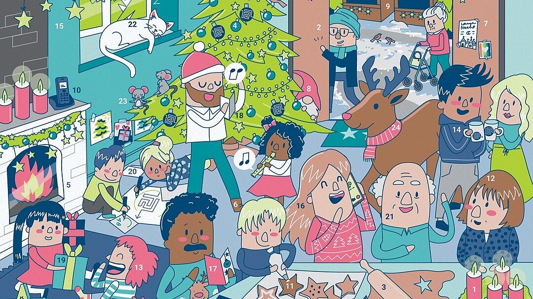 © designdoppel Illustration: Blick in ein weihnachtlich geschmücktes Zimmer. Im Zimmer befinden sich viele Menschen unterschiedlichen Alters. Es werden in fröhlicher Stimmung Kekse gebacken, es wird gesungen und Glühwein getrunken.