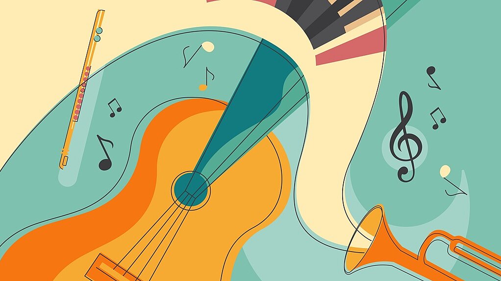 Abstraktes farbiges Bild mit Gitarre, Flöte und Trompete