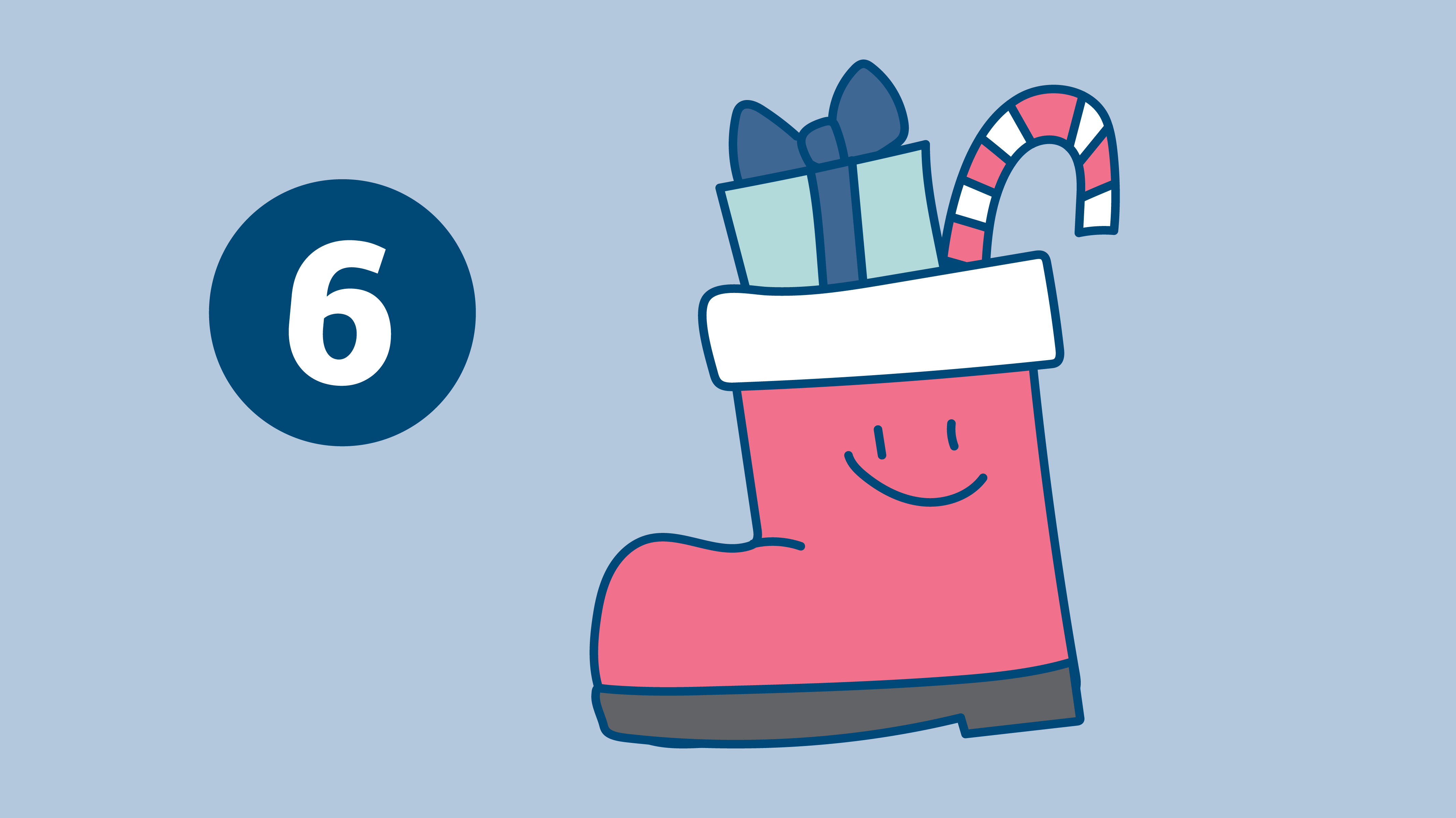 Illustration: Roter Nikolausstiefel, der mit Geschenken gefüllt ist. Links davon die Zahl 6