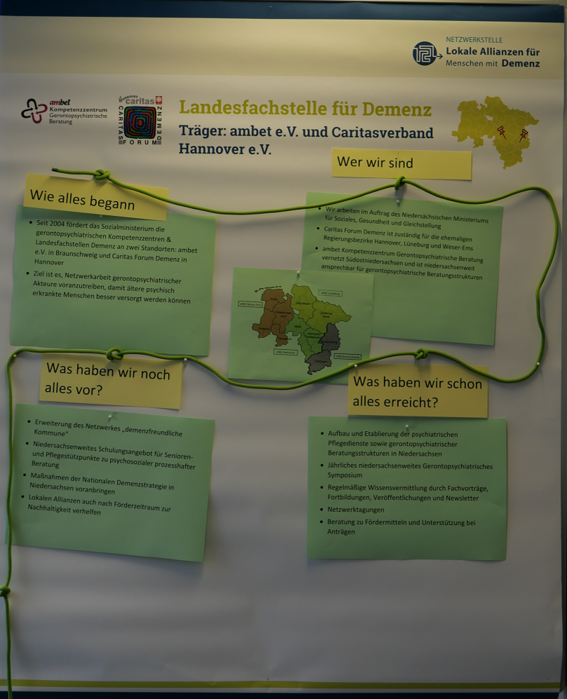 Stellwand der Landesfachstelle Niedersachsen | © BAGSO Foto der Stellwand: Beantwortet werden die Fragen "Wie alles begann", "Wer wir sind", "Was haben wir schon alles erreicht" und "Was haben wir noch alles vor".
