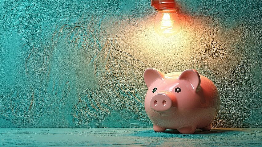 © AdobeStock | SashaMagic Rosa Sparschwein, das von einer Glühlampe angeleuchtet wird