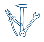 Piktogramm: Ein Hammer, ein Schraubenschlüssel und eine Zange